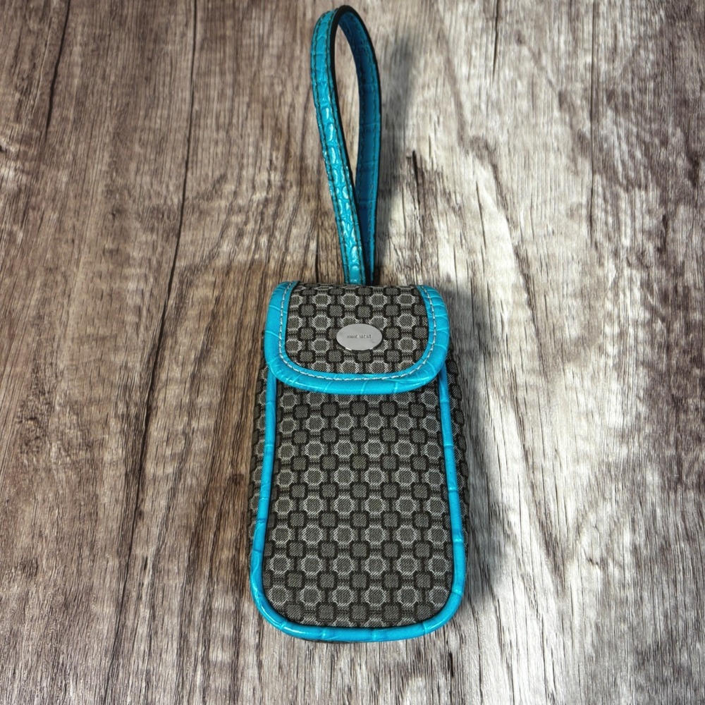 Nine West Brown Geometric Print Turquoise Trim Pouch Case Wristlet Cell Phone